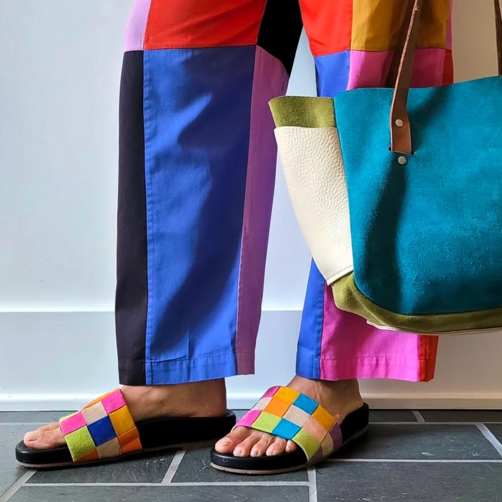 Charlotte Stone Jacquie Multicolor Woven Patchwork Suede Sandals